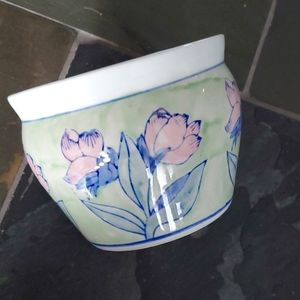 Blue White Pink Floral Fish Bowl Cachepot Planter // Grandmillenial
